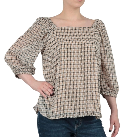 Anne Klein Tops - Ann Klein Plaid Popover With Side Slits In Bisqueware Light Coffee Combo